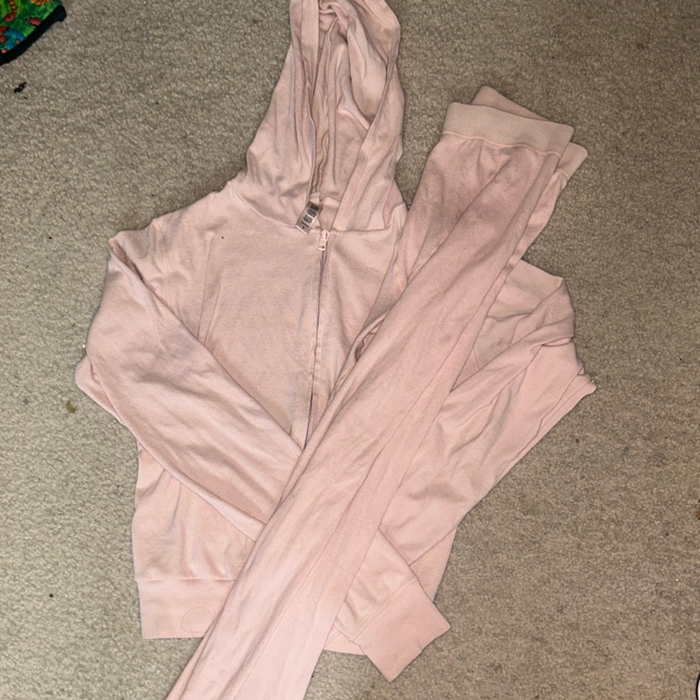 Skims Logo Pointelle Zip Hoodie and Legging in Quartz